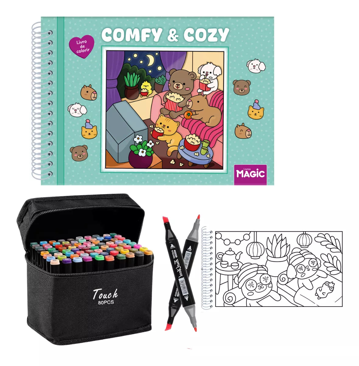 Kit Livro De Colorir Comfy E Cozy Green + Canetinhas Touch 80 Cores