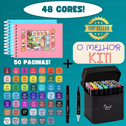 Kit Livro De Colorir + 48 Canetinhas Ponta Dupla