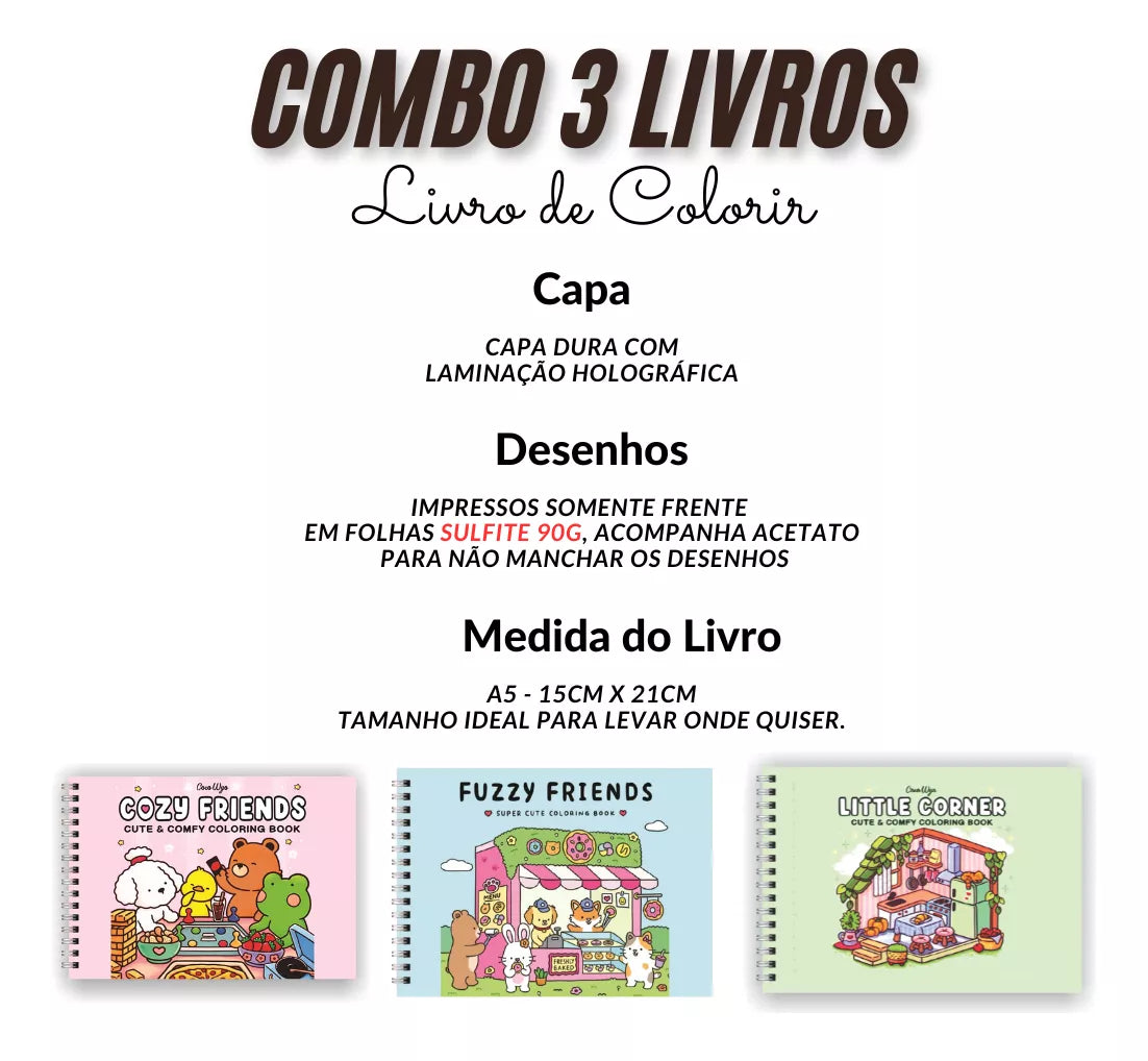 Kit Com 3 Livros De Colorir Cozy Friends + Fuzzy Friends + Little Corner Capa Dura A5