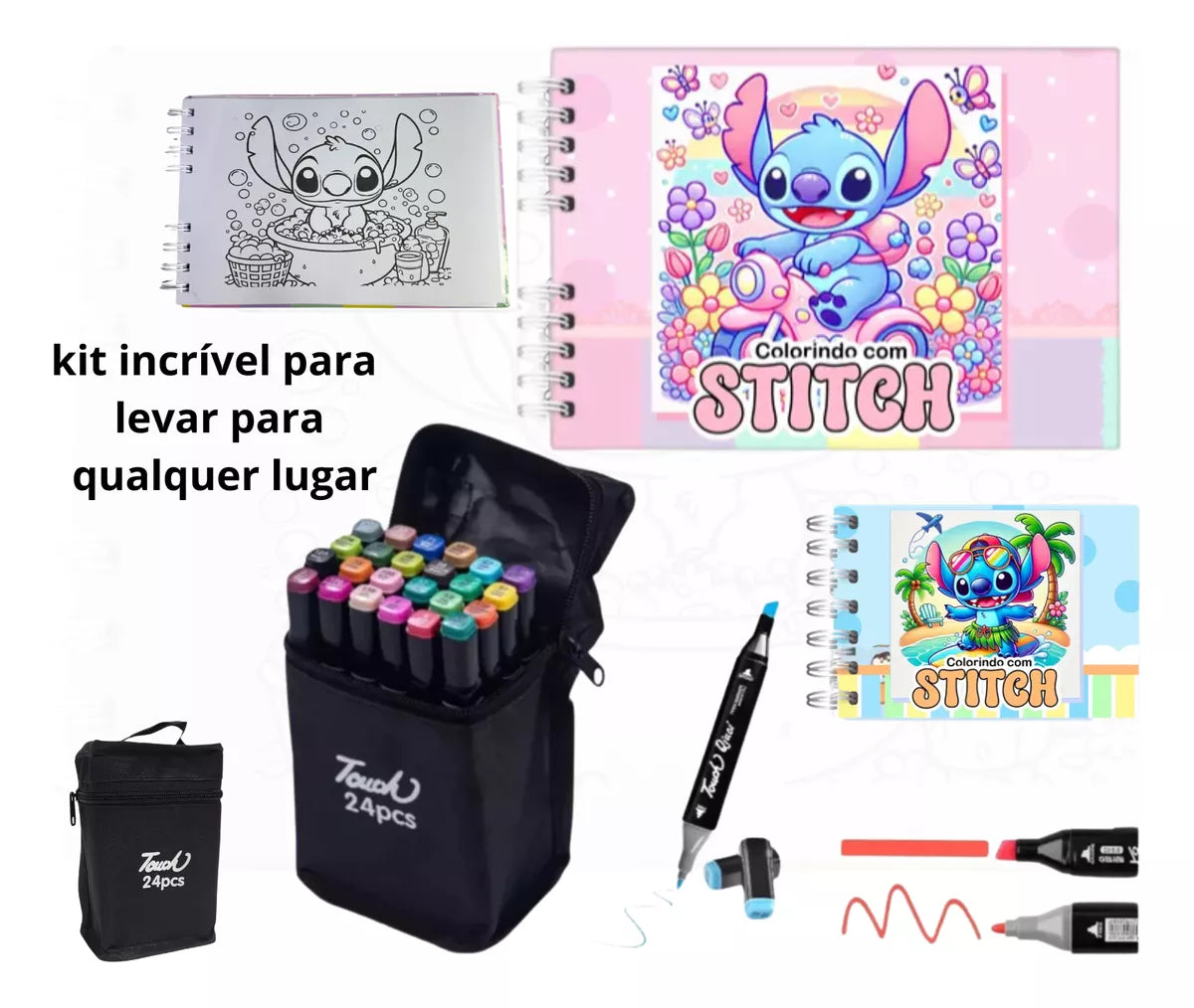 Livro De Colorir Stitch Capa Dura 48 Páginas De Desenhos+ Kit Com 60 Canetinhas