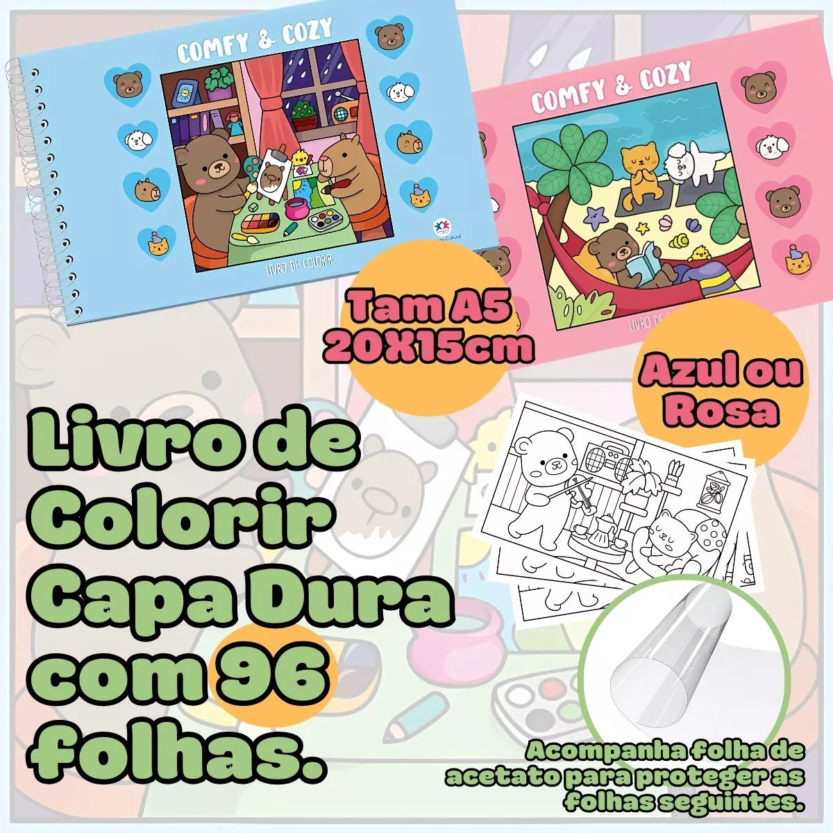 Kit Livro De Colorir Comfy E Cozy + 60 Canetinhas Ponta Dupla