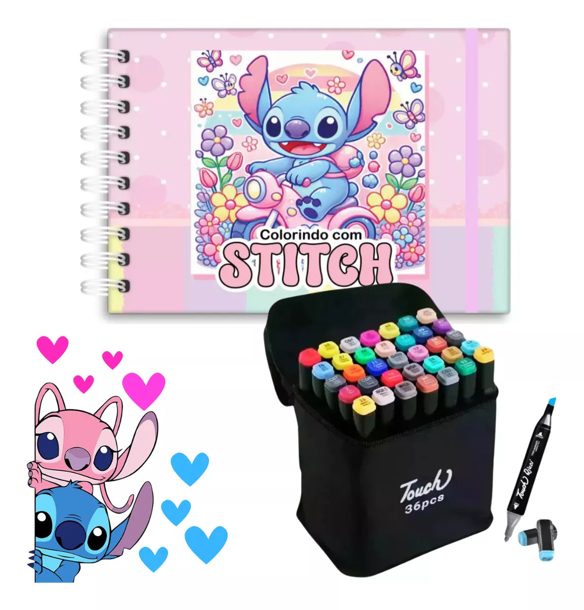 Livro De Colorir Stitch Capa Dura 48 Páginas De Desenhos+ Kit Com 60 Canetinhas