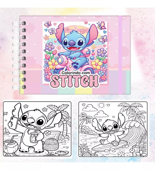 Livro De Colorir Stitch Capa Dura 48 Páginas De Desenhos+ Kit Com 60 Canetinhas