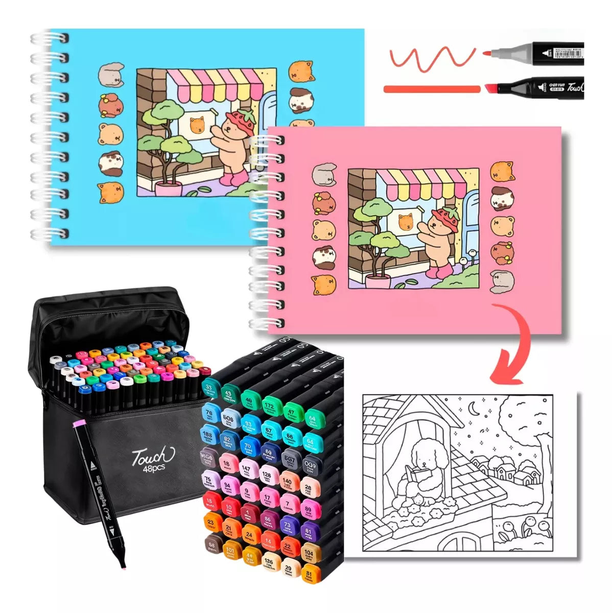 Kit Livro De Colorir + 48 Canetinhas Ponta Dupla