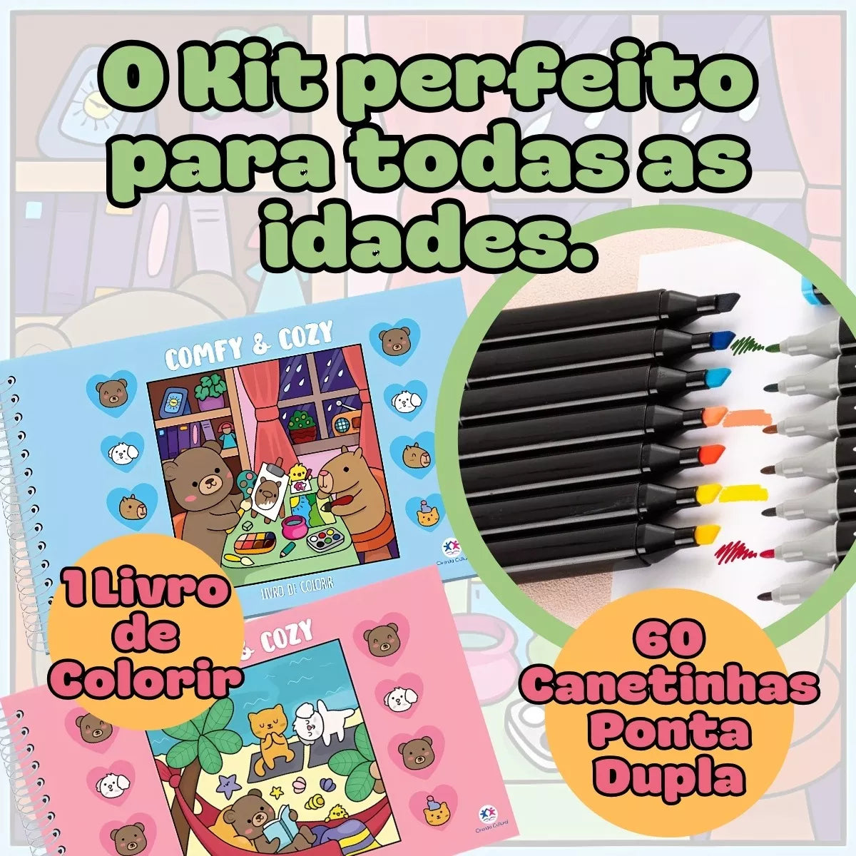 Kit Livro De Colorir Comfy E Cozy + 60 Canetinhas Ponta Dupla